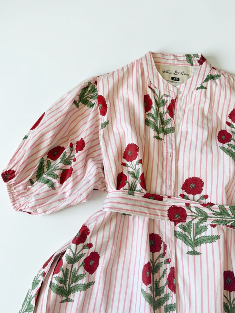 Fox & Hen Pink Floral-Striped Midi Shirt Dress Puff Sleeves Tie Waist Size XS - Picture 6 of 12